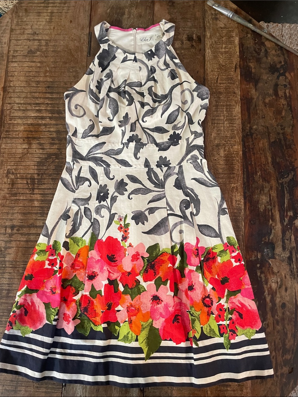 Eliza J Floral Border Halter Dress - Pink, Coral, Green, Black, Cream